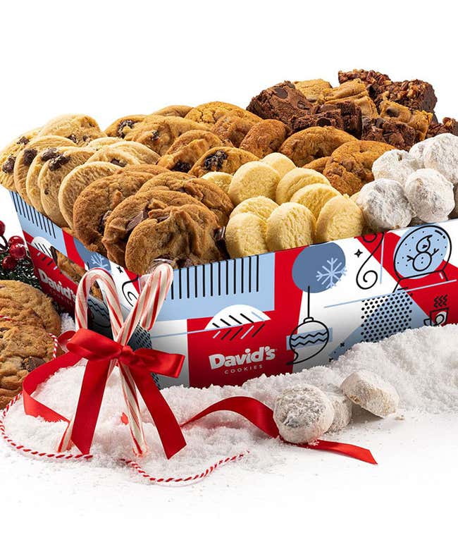 Gift set in a festive holiday crate includes cookies (Chocolate Chunk, Peanut Butter, Oatmeal Raisin), brownies (Chocolate Chip, Pecan, Blondie), Chocolate Chunk &amp; Mini Shortbread Cookies, and Pecan Meltaways.