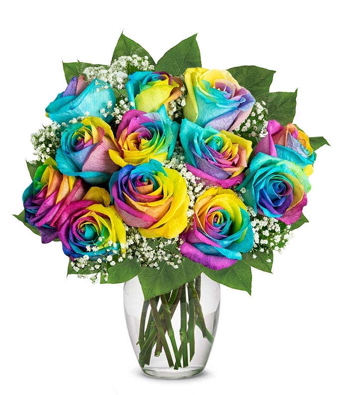 Wild rainbow roses bouquet with optional glass vase and personalized apology message.