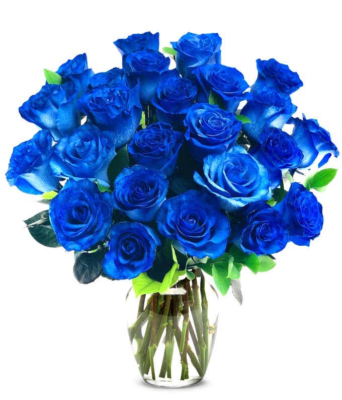 A bouquet of two dozen blue roses, with an optional glass vase.