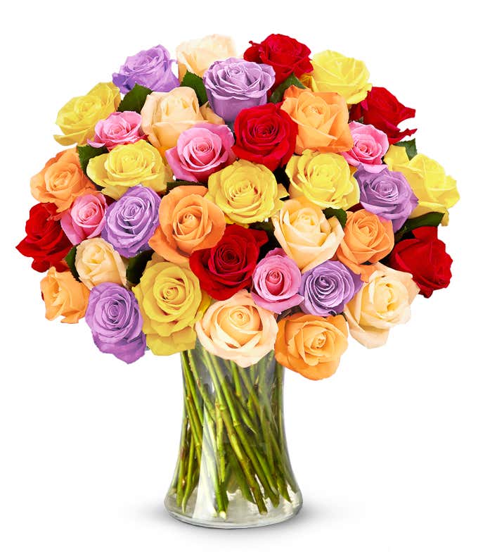 A bouquet of 36 roses in an array of red, orange, cream, yellow, pink, and lavender. In a clear glass vase. 