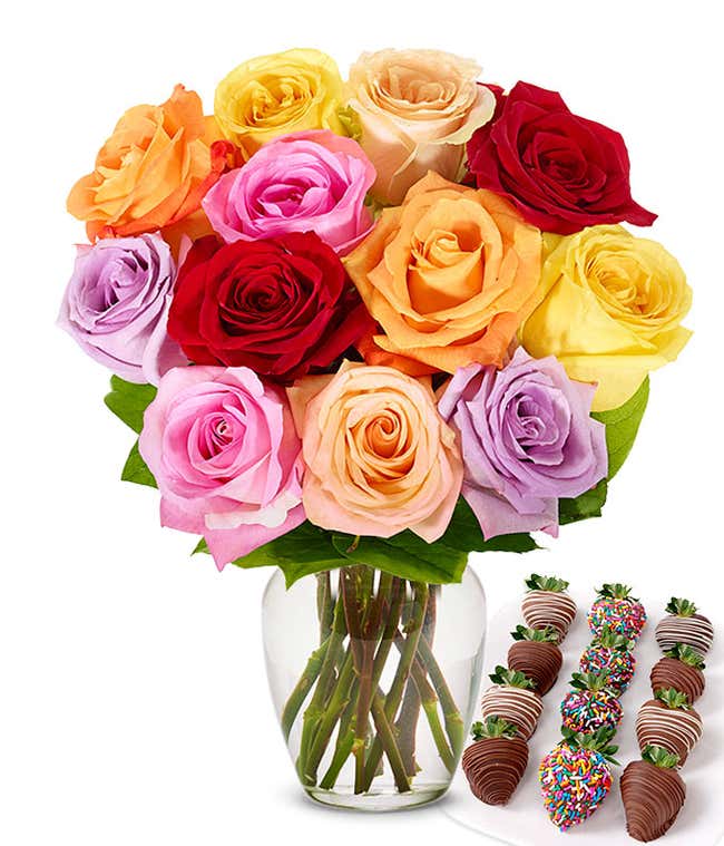 One dozen rainbow roses with one dozen chocolate covered strawberries decorated with rainbow sprinkles