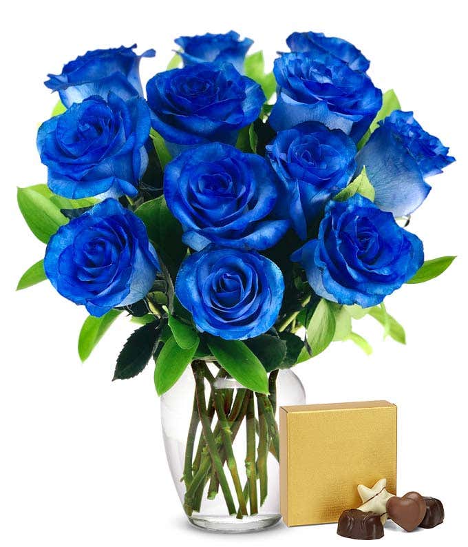 One Dozen Blue Roses with Chocolates