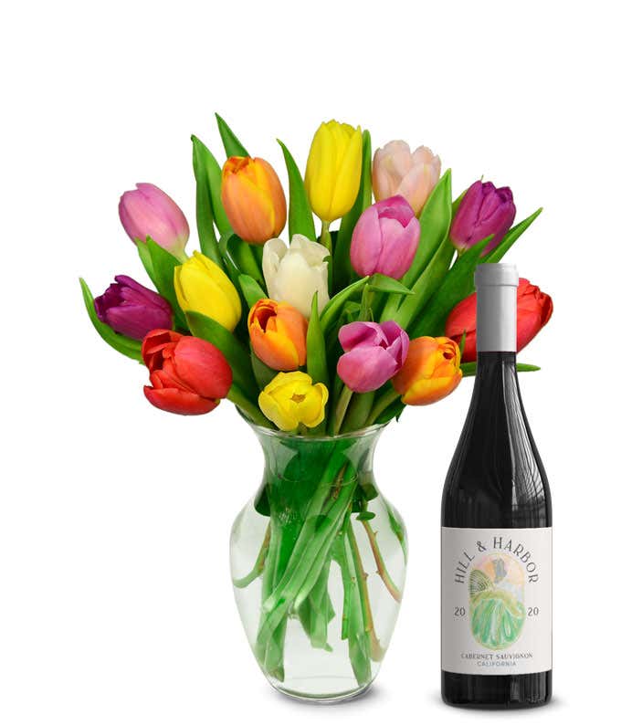 Rainbow Tulip Bouquet with Red Wine