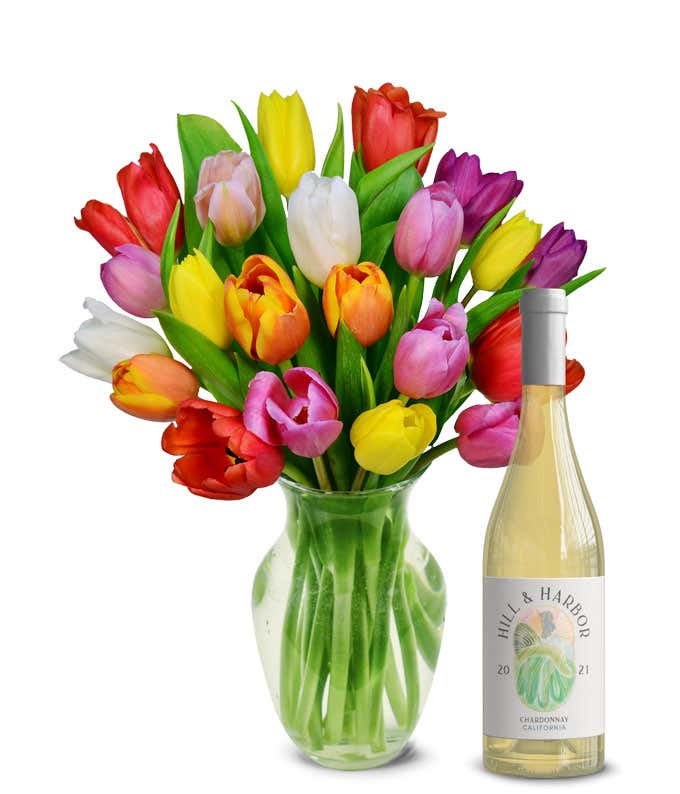 Premium Rainbow Tulip Bouquet with White Wine