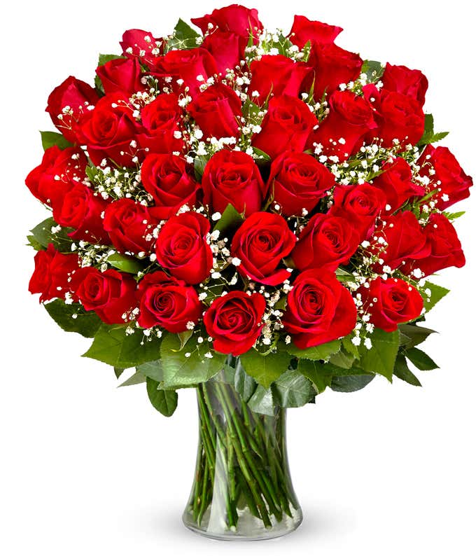 Three dozen red roses with babies breath in a clear glass gathering vase