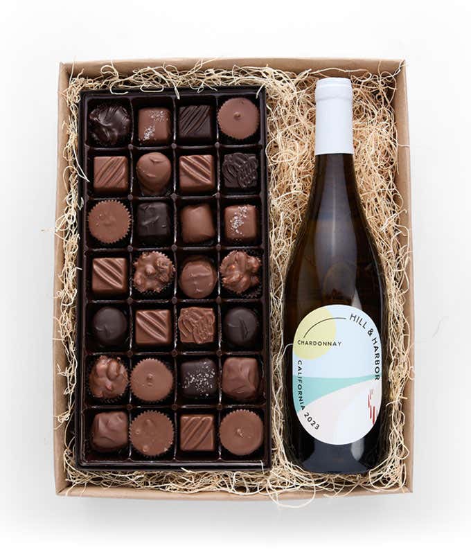 A bottle of California Chardonnay by Hill and Harbor paired with a 1lb box of 28 assorted gourmet chocolates.  A refined combination for any occasion.