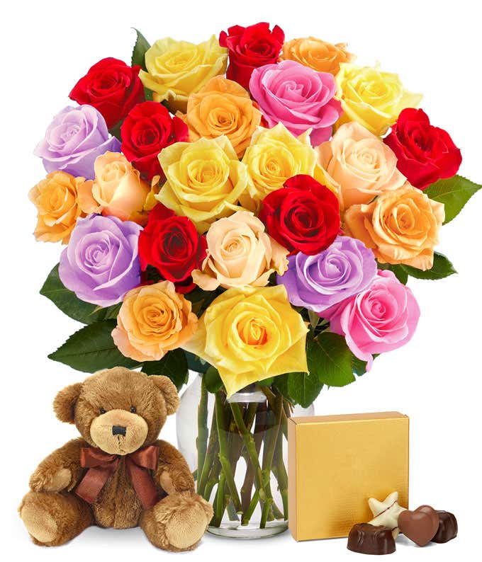 Two Dozen Rainbow Roses with Chocolates & Bear