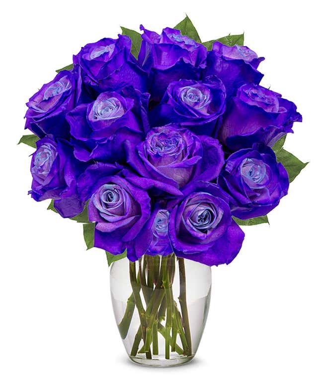 One dozen deep purple dyed roses with optional clear vase.