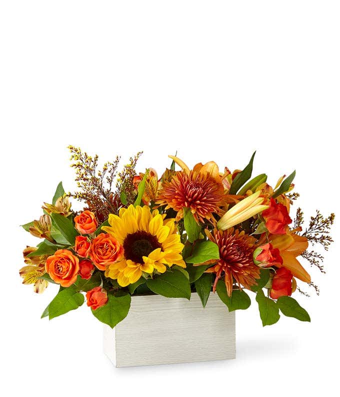 A vibrant floral arrangement featuring orange spray roses, yellow alstroemeria, butterscotch mums, red-tinted solidago, sunflowers, deluxe and premium orange lilies, and seasonal greens, all beautifully arranged in a white wooden box.