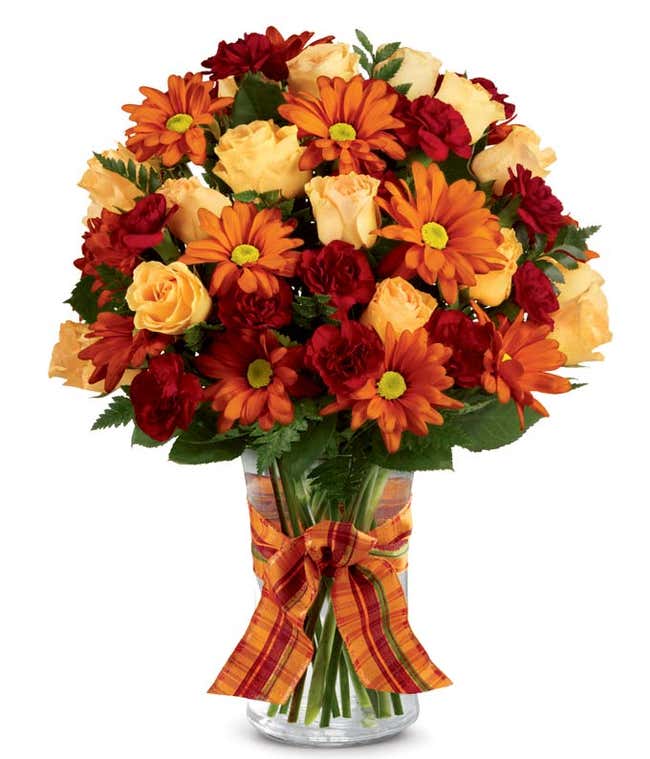 A delightful floral arrangement featuring peach spray roses, burgundy mini carnations, and butterscotch daisy poms, adorned with a plaid ribbon decoration, all elegantly presented in a vase.