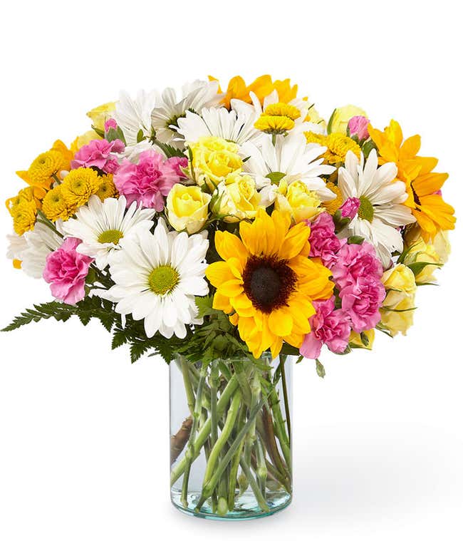 Sunflowers, white daisies, yellow spray roses, pink carnations, and fresh greens, arranged into a mason jar