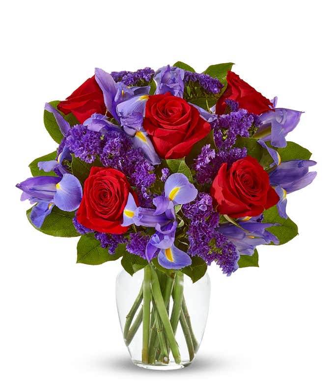 Red roses and blue irises