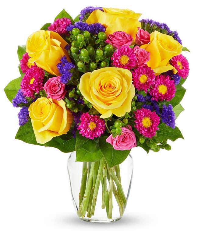 Yellow roses, hot pink roses and asters for delivery