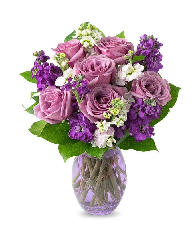 Lavender roses with pink floral stems