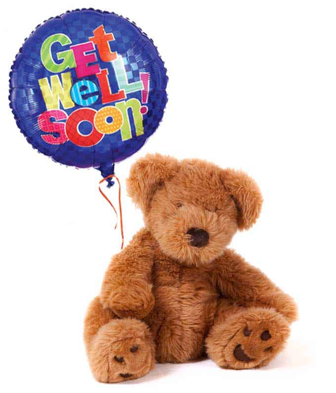 Get well soon balloon arrangement with teddy bear