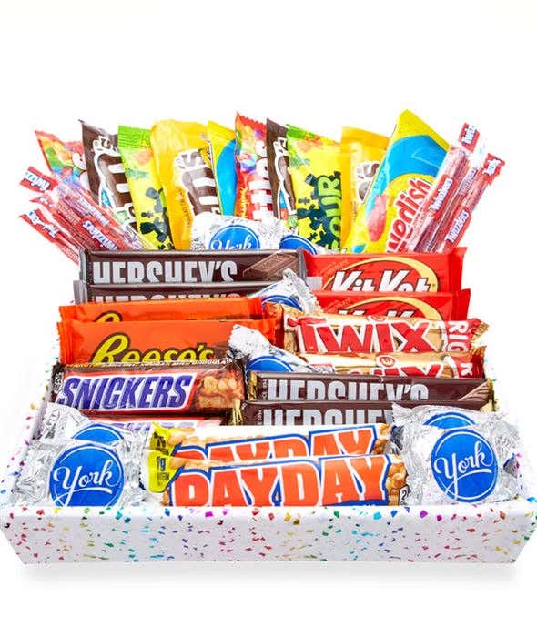 A gift box containing a variety of 15 full-size candy bars, with a personal card message.