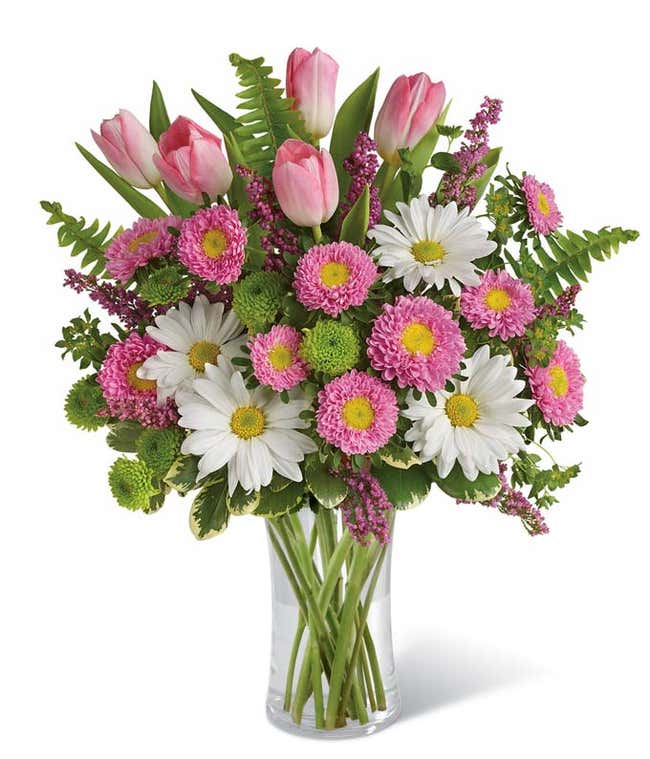 Pink tulips, pink Matsumoto asters, green button spray chrysanthemums, white daisy spray chrysanthemums, pink heather, sword fern, bupleurum, and pittosporum in a glass cylinder vase.