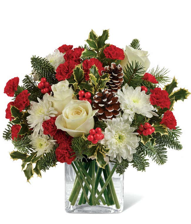 A beautiful floral arrangement with red mini carnations, white roses (deluxe and premium sizes only), white cushion spray chrysanthemums, Douglas fir, variegated holly, noble fir, pinecones, and red berries, displayed in a clear cube vase.