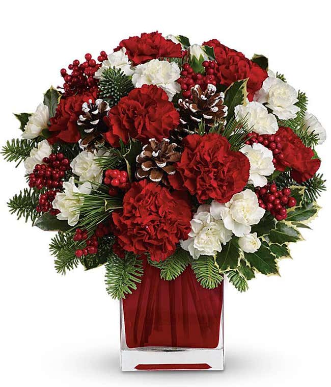 A floral arrangement featuring vibrant red carnations and delicate white mini carnations, complemented by lush noble fir and white pine, all elegantly displayed in a red glass cube vase.