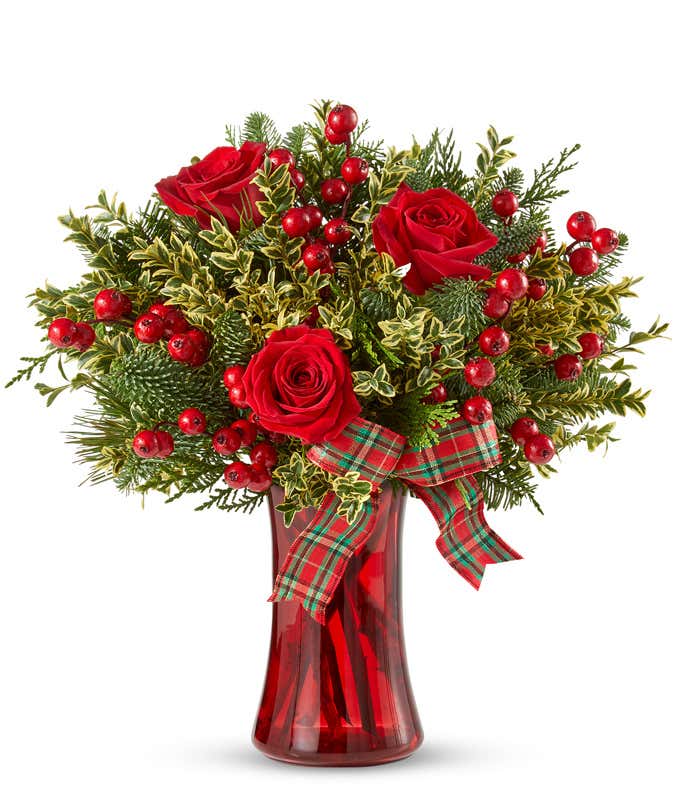 Red rose and hypericum Holiday bouquet