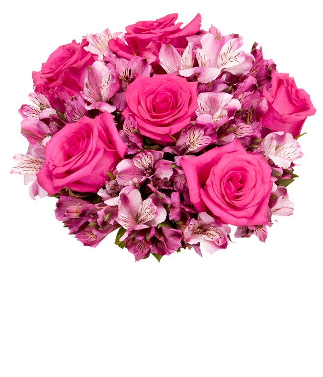 Partial image of A bouquet featuring pink roses and pink alstroemeria, with an optional glass vase. without vase