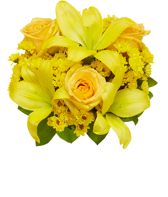 Partial image of A bouquet featuring yellow lilies, yellow roses, and yellow poms, with an optional glass vase. without vase