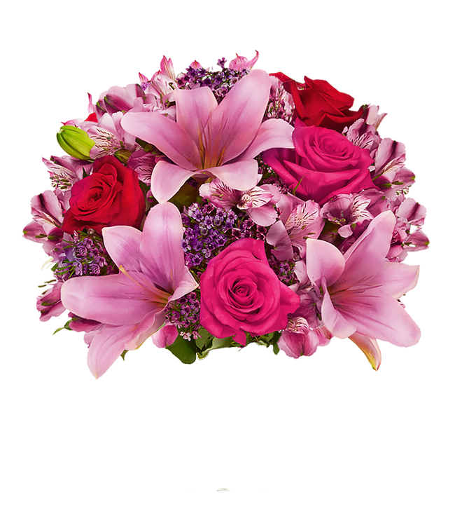 Partial image of A beautiful arrangement featuring pink Asiatic lilies, pink and red roses, and alstroemeria, optionally arranged in a glass vase. This elegant mix offers a lovely and vibrant display without vase